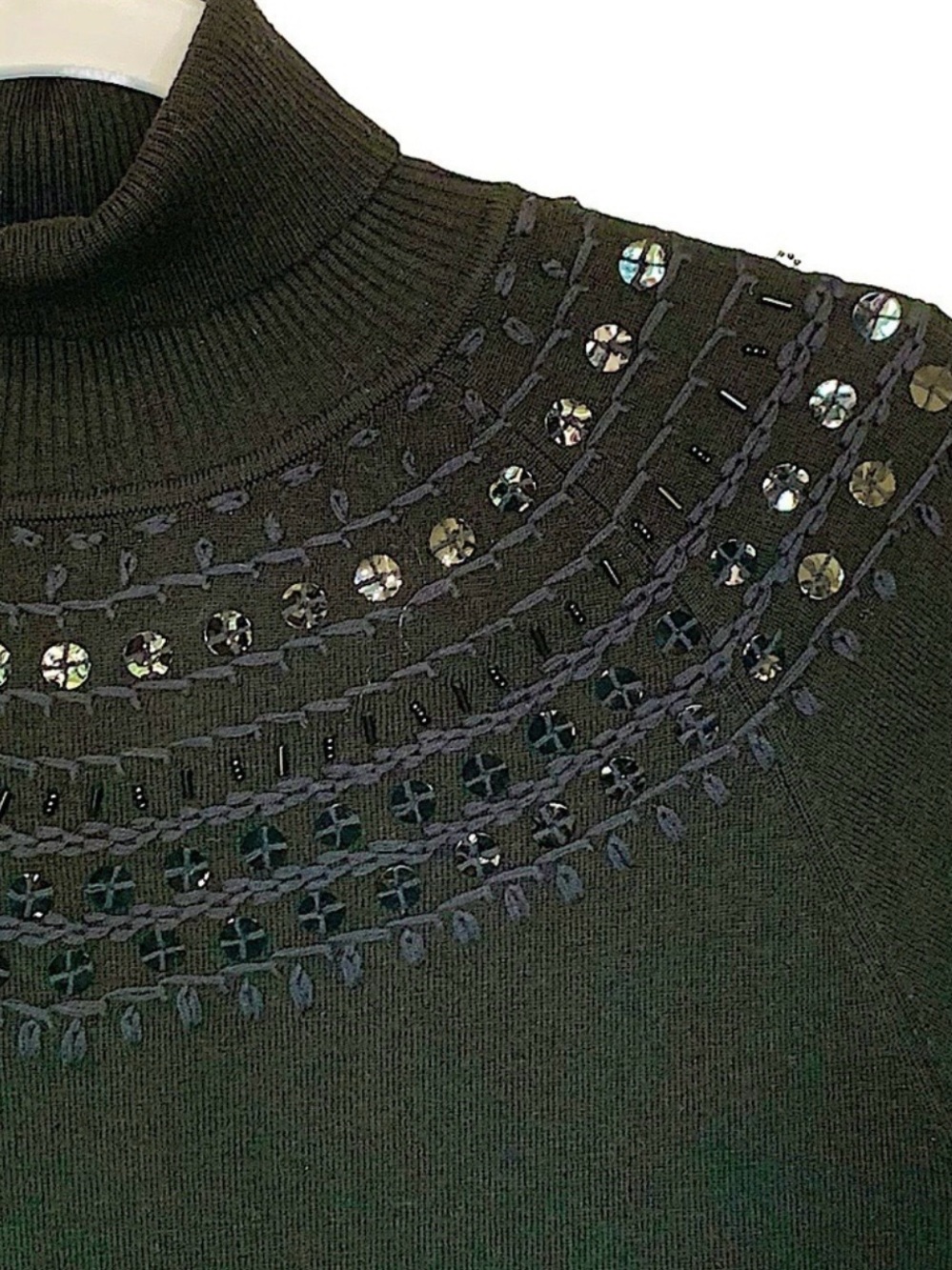 Tape Measure Black Wool Blend Sequin Fair Isle Turtleneck Sweater Top S - Picture 5 of 8